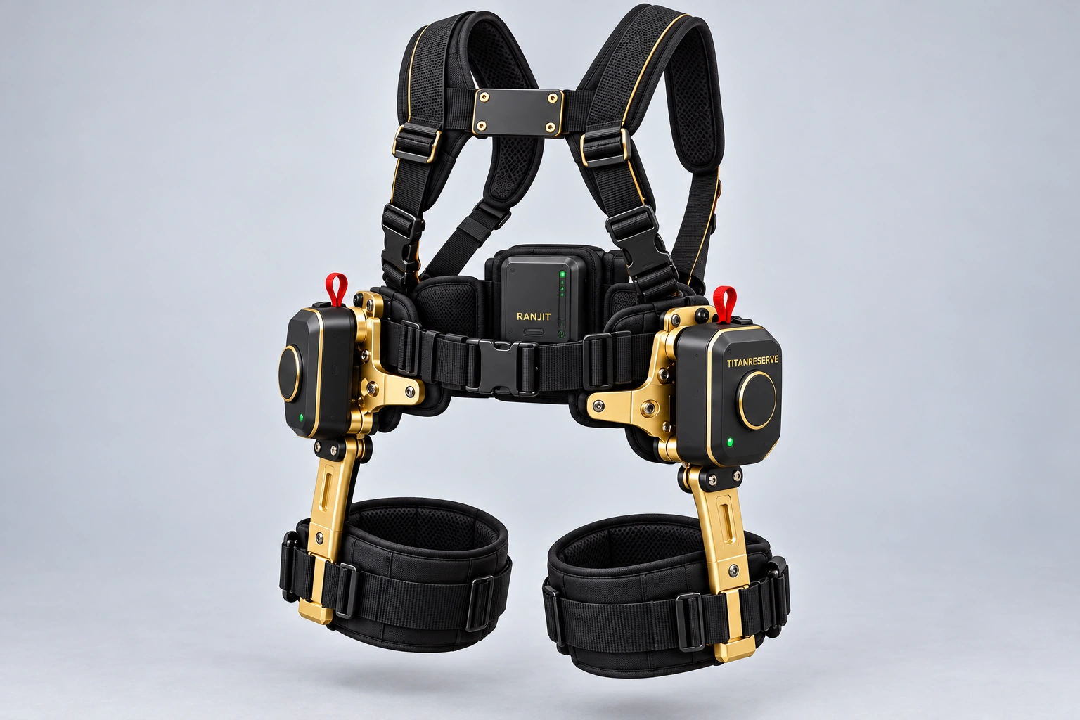 Black and gold TITANRESERVE hip-assist exoskeleton concept, with torso harness, hip modules, and upper-thigh cuffs